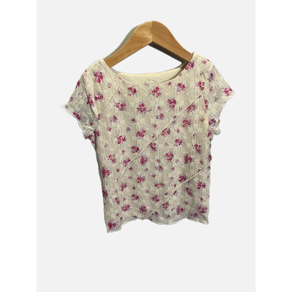 Art Class Lace Top Girls M 8 Cream Pink Floral Short Sleeve Cottagecore Y2K
